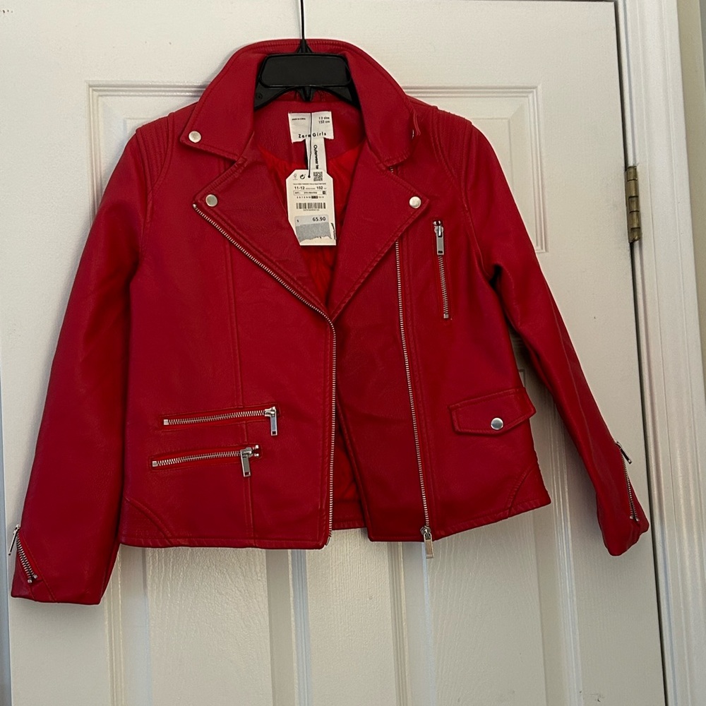 NWT Zara Girls Red BikerJacket - Size 11-12